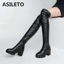 ASILETO Platform over the knee boots Woman black long boots block high heels Winter spring booties leather flock zipper shoes 2024 - buy cheap
