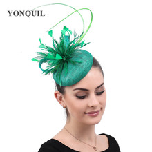 Chapéu feminino de penas acessório para cabelo fedoras vestido fascinator chapéu sinamay verde festa casamento feminino acessórios para cabelo 2024 - compre barato