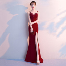 Corzzet Vestido De Noiva Elegant Wine Red Mermaid Long Dress  V-Neck Sleeveless Sexy Formal Crystal Beading Party Dress 2024 - buy cheap