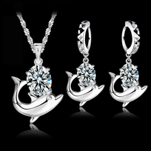 Lovely Dolphin Shiny Cubic Zirconia Jewelry Set 925 Sterling Silver Pendant Necklace Loop Earrings Sets for Women Girls 2024 - buy cheap