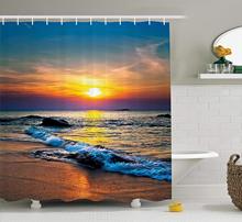 Colorido último sol do dia sobre as ondas do mar reflexões trópicos banheiro cortina de chuveiro laranja marfim azul 2024 - compre barato