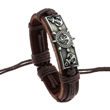 Pulseira masculina e feminina, bracelete casual retrô punk marrom couro legítimo com pena de costura 2024 - compre barato