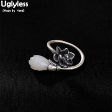 Anel aberto de prata esterlina 925 real ugliless, anéis de dedo de jade natural para mulheres tailandesas, joias finas de flor étnicas 2024 - compre barato