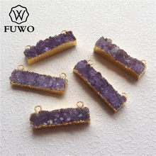 FUWO Natural Double Bails Amethysts Bar Pendant With 24K Gold Filled Edge Rough Purple Quartz Cluster Jewelry Wholesale PD193 2024 - buy cheap