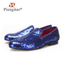 PIERGITAR 2019 Luxury Evening Party Blue Beads Men's Handmade Loafers Wedding and Prom men smoking slippers big size male flats 2024 - buy cheap