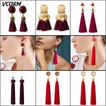 VCORM Bohemian Gold Long Tassel Drop Earrings for Women Fashion Geometric Pompom Crystal Resin Fringe Dangle Earring Jewelry 2024 - buy cheap