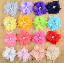 120pcs/lot 3.4" 16colors Hair Clip Chiffon Flower+Rhinestones Pearls For Kids Hair Accessories Lace Fabric Flowers For Headbands 2024 - buy cheap