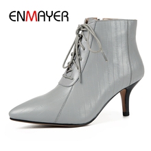 ENMAYER  Genuine Leather  Lace-Up  Basic  Pointed Toe  botas mujer  shoes woman  white boots  Size34-39 ZYL1764 2024 - buy cheap