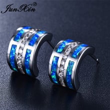 JUNXIN-pendientes de medio círculo para mujer, aretes de aro rellenos de oro blanco y oro blanco, joyería de boda de circón azul 2019 2024 - compra barato