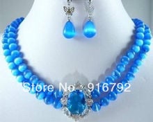 Wholesale free shipping >>>>>Pretty 2 Rows 8MM Blue Opal Necklace Earring 2024 - buy cheap