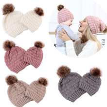 Chapéu quente de lã para a família e bebês, outono e inverno, combinação com castelo de pele falsa, pompom, bebê, menino e menina, gorro com aba para orelha 2024 - compre barato