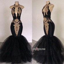 Сексуальное черное платье с лямкой на шее, длинное Золотое кружевное вечернее платье с открытой спиной 2024 - купить недорого