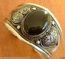 Free shipping@@@@@  Beautiful Tibet silver black jade cuff bracelet 2024 - buy cheap