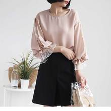2018 Autumn New Fashion Lantern Long Sleeve Mesh Patchwork Chiffon Blouses Women Loose Shirts Ladies Elegant Tops Khaki 2024 - buy cheap