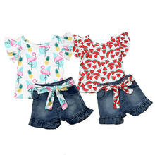 Conjunto infantil para meninas pudcoco, camisetas e shorts com desenho de flamingo para crianças de 1 a 6 anos 2024 - compre barato