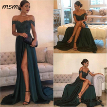 Dark Green 2019 Sexy Evening Dresses A Line Off Shoulder Lace Appliques High Side Split Elegant Long Prom Dress Formal Gown 2024 - buy cheap
