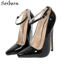 Sorbern Black Patent Women Pumps Ankle Straps Pointed Toe Sexy Fetish High Heel 18Cm Shoes Plus Size Custom Material-Colors 2024 - buy cheap