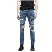Джинсы мужские рваные в стиле хип-хоп, потертые байкерские Брюки-джоггеры в складку, узкие джинсы с дырками, уличная одежда, Прямая поставка 2024 - купить недорого