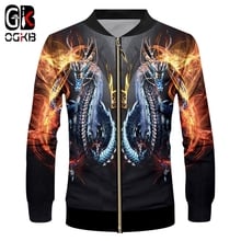 Ogko jaqueta casual masculina hiphop outono inverno, manga longa, zíper com gola alta, casaco estampado fire dragon 3d, sobretudo fino 2024 - compre barato