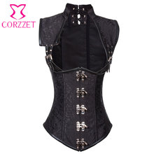 Corzzet Black Leather Armor Steampunk Collared Waist Trainer Corset Vest Steel Boned Plus Size Sexy Gothic Corsets And Bustiers 2024 - buy cheap