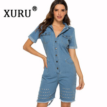 XURU Летний Новый женский джинсовый комбинезон, повседневный сексуальный облегающий джинсовый комбинезон с дырками, шорты 2024 - купить недорого