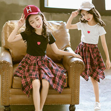 Baby Kids Girls Clothes Set Summer Outfit Heart Print  Cotton Tops Plaid Skirts Teens Girl Clothing Sets For 4 6 8 10 12 14 Yr 2024 - buy cheap