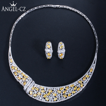 ANGELCZ Exaggerated Party Costume Accessory Shiny Yellow Stones White Cubic Zircon Women Big Necklace Earrings Jewelry Set AJ157 2024 - buy cheap