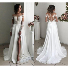 2019 Long Sleeves Boho Wedding Dresses Sheer Neck Appliques Chiffon Side Split Bridal Dresses Sexy Beach Bohemian Wedding Gowns 2024 - buy cheap