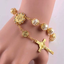 Religiosa Jesus Cruz Pulseira Meninas do Sexo Feminino Contas de Ouro San Benito Liga Boho Encantos Pulseiras Para As Mulheres Jóias Bijoux 2024 - compre barato