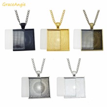 GraceAngie 5sets Zinc Alloy Necklace Square Pendant Crafts Tray Bezel Pendant Base Glass Cover Chain Mixed color Jewelry 36*28mm 2024 - buy cheap