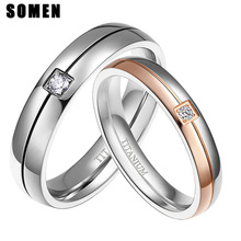 2 pçs 4/5mm anel conjunto amantes rosa ouro/prata cor titânio anel cúbico zircônia cristal romântico casamento anéis de noivado jóias 2024 - compre barato