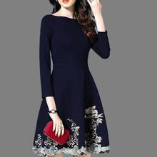 Autumn Spring Fashion Womens Embroidery 3/4 Sleeve Pleated Dress , Fall 2018 New Elegant Female Woman Slim Slash Neck Dresses 2024 - buy cheap