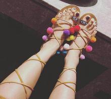 Summer Hot Mixed Colors Straps Women Bohemia Style Sandals Sexy Open Toe Ladies Lace Up Flat Sandals Multi Pom Pom Fashion Shoes 2024 - buy cheap