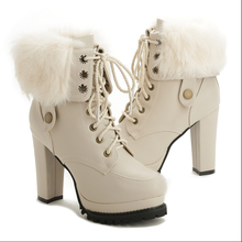 Koovan botas de neve de inverno das mulheres botas peludas saltos altos 10cm sapatos de veludo cinta impermeável botas de couro de salto grosso para mulher 2024 - compre barato