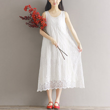 Новое Кружевное хлопковое платье с вышивкой, женское повседневное белое платье без рукавов, открытое летнее платье до середины икры, vestidos RE0733 2024 - купить недорого