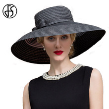 FS Black Elegant Girls Lady Womens Summer Sun Hat Large Wide Brim Wedding Fedora With Bowknot Derby Straw Panama Hat Chapeu 2024 - buy cheap