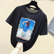 Zuolunouba Summer T-shirts Women Short Sleeve Harajuku Fashion Sticker Stitching Sequins Figures Sequined Lady Tops Tees O-neck 2024 - buy cheap