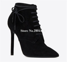 Fashion Design Women Pointed Toe Black Suede Leather Thin Heel Short Boots Lace-up High Heel Ankle Boots Party Dress Shoes 2024 - buy cheap