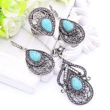 Vintage Turkish Women Green Stone Jewelry Sets Hollow Flower Necklace Hook Earring Ring Antique Color Arabesque Ethnic Jewelry 2024 - buy cheap