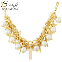 Neoglory Stylish Simulated Pearl Charm Necklace 14 K Gold Plated Cross Jesus Fashion Lady Style Jewelry Women Gift New CS 2016 2024 - buy cheap