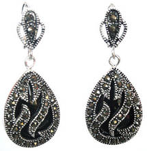 hot sell new - wb003 Natural Black stone Teardrop Silver Marcasite Earrings 2024 - buy cheap