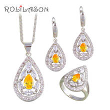 ROLILASON Water Drop Yellow Zircon Silver Stamped Jewelry Sets Earring /Necklace/Pendant/ Rings for Women Fashion Jewelry JS679 2024 - buy cheap