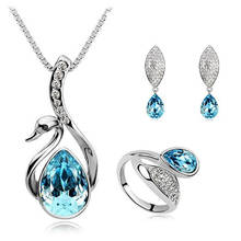 New 2014 Wholesale Austria Crystal Fashion Jewerly Sets Swan Pendants Necklace Leaves Stud Earring/Ring Silver Plated For Women 2024 - buy cheap