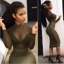 2016 new women army green black sexy bodycon wine red long sleeve mesh Bandage Dress evening party prom sexy dress wholesale 2024 - buy cheap
