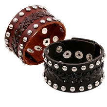 Punk Mens Bracelets Wide Real Leather Bracelet Women Cuff Wrap Bracelet Brown Black Silver Tone Rivets Biker Wristband Jewelry 2024 - buy cheap