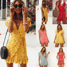 Bella Philosophy 2019 summer women sexy wrap dress floral sashes decorative beach dress V Neck yellow female print dress 2024 - buy cheap