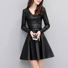 Autumn Winter Black PU Leather Long Sleeve Dress Women Jurken Slim Plus Velvet Dress Short Sexy Leather Plus Size Dress C4956 2024 - buy cheap