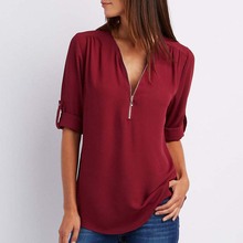 Zipper Short Sleeve Women Shirts Sexy V Neck Solid Womens Tops Blouses Casual Tee Shirts Tops Female Clothes Plus Size 2024 - buy cheap