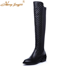 Nancyjayjii Black Leather Gingham Women’S Knee High Boots Round Toe Platform Med Chunky Heel Zipper Ladies Booties Winter Shoes 2024 - buy cheap