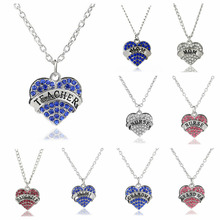 Clear Blue Pink Crystal Heart Lettering Words Engraved MOM MIMI Daughter NANA Grandma Teacher Nurse Pendant Necklace Gift 2024 - buy cheap